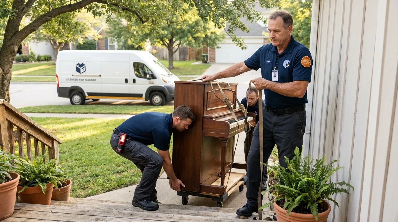 Licensed piano movers securing grand piano in Silver Lake, WI