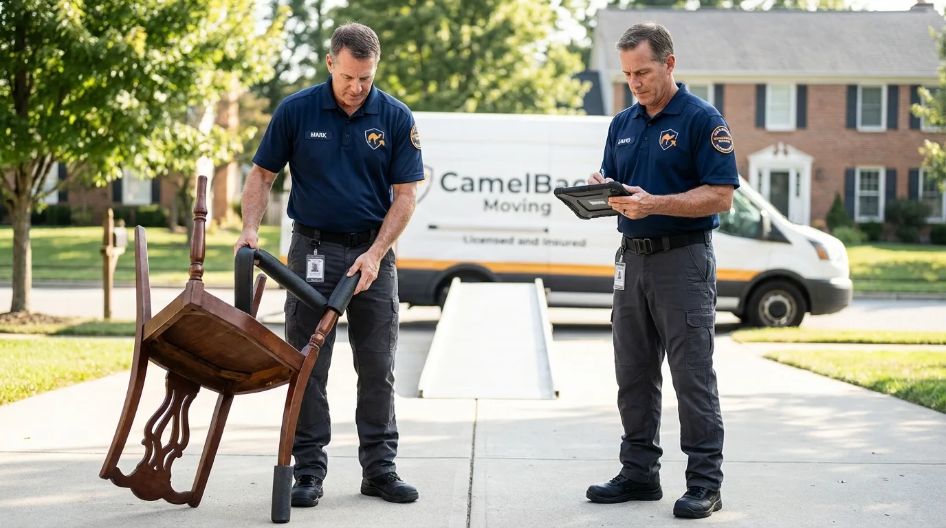 Movers inspecting furniture for damage prevention before loading in Silver Lake, WI