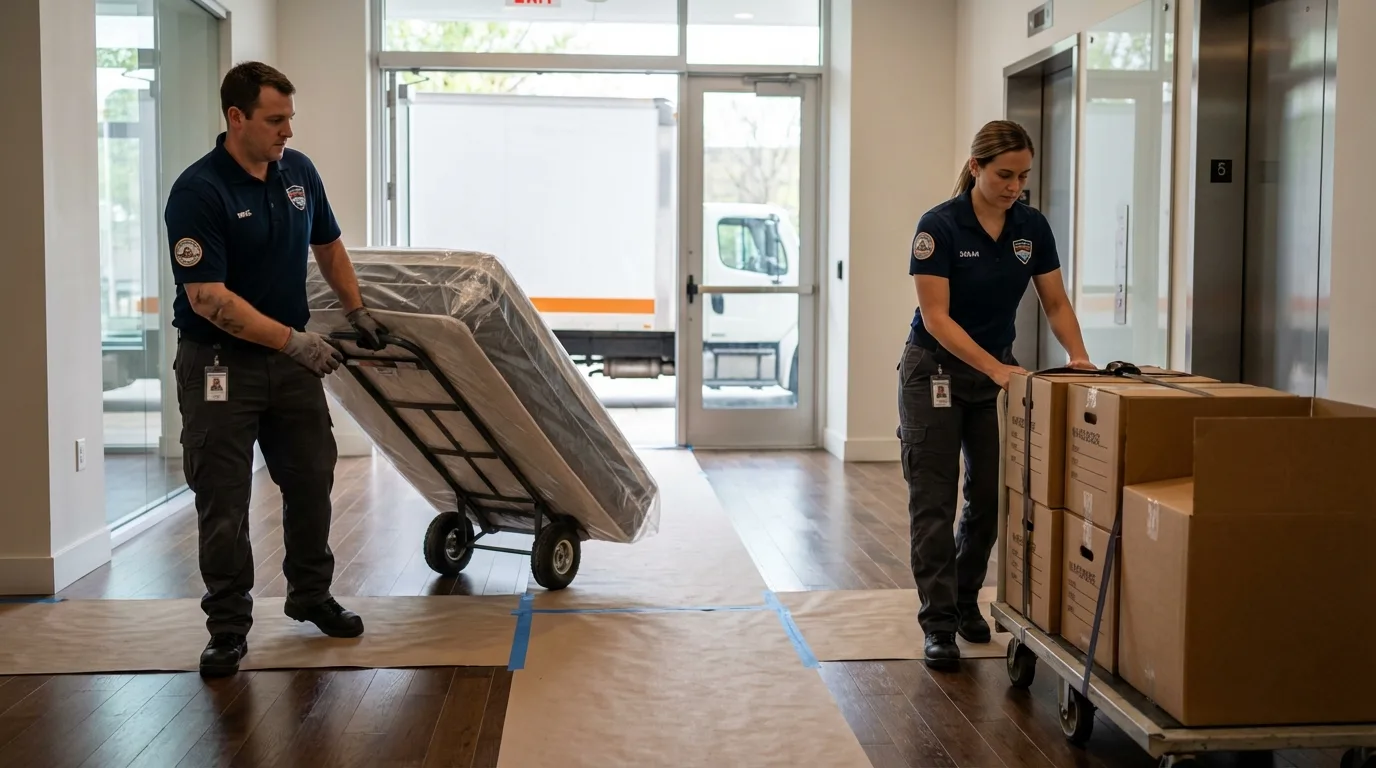 Professional apartment movers loading elevator in Silver Lake, WI