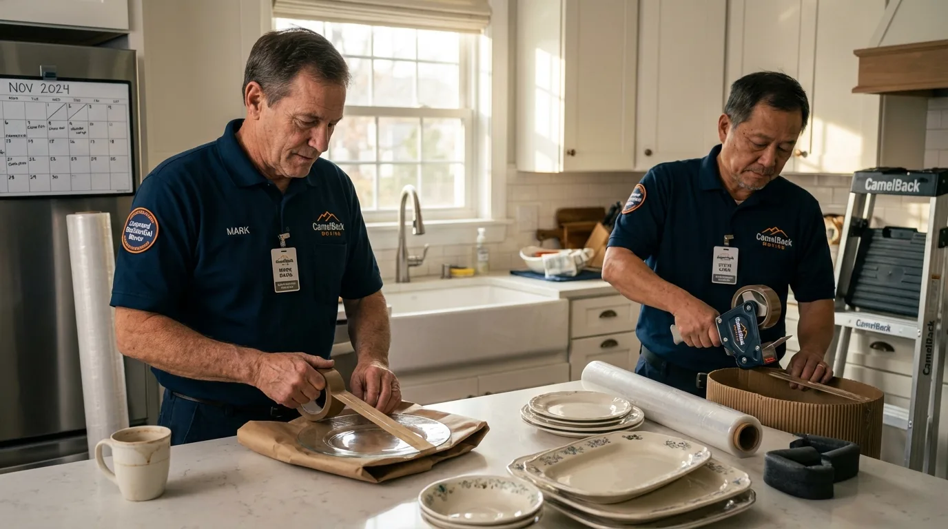 Professional crew packing kitchen dishware in Silver Lake, WI